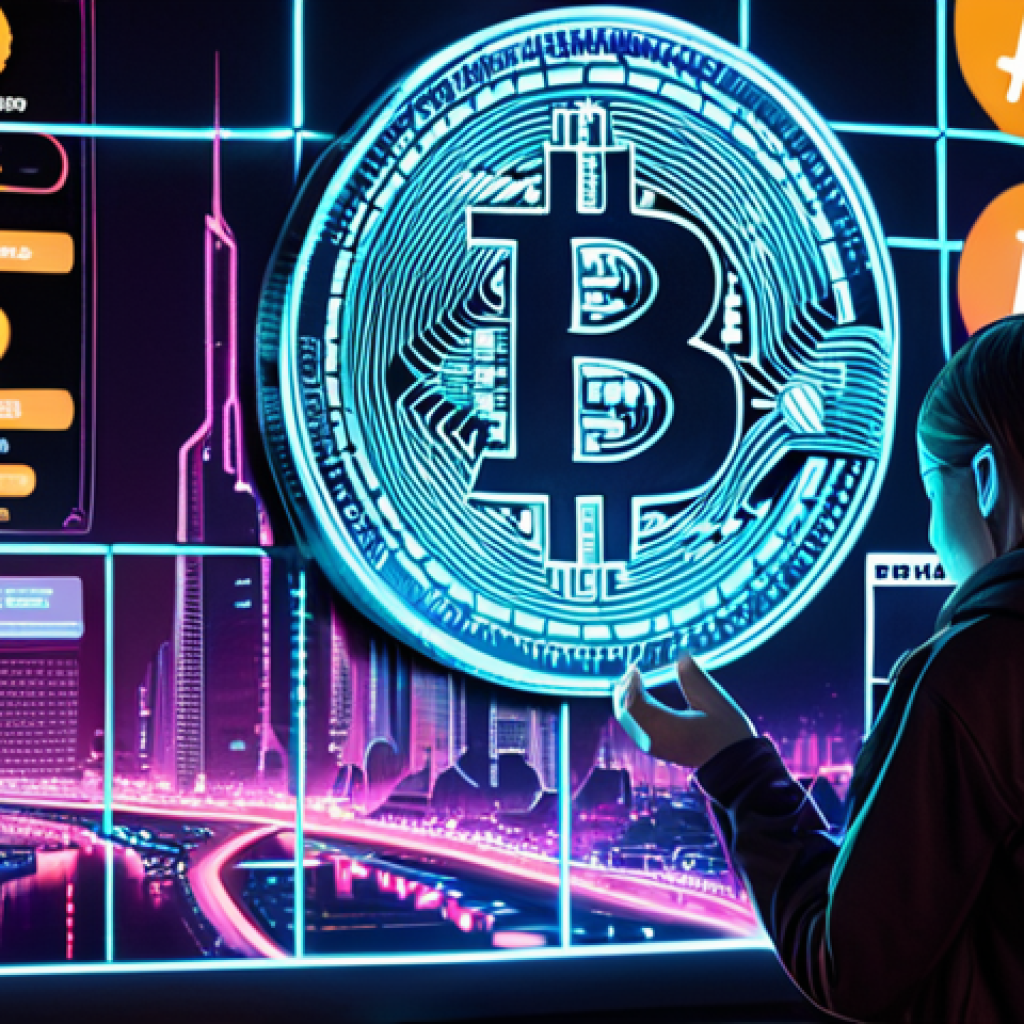 **Image:** A futuristic cityscape with glowing neon signs displaying cryptocurrency symbols (Bitcoin, Ethereum, etc.). In the foreground, a person is using a holographic interface to manage their digital assets, with a satisfied expression. The overall tone is optimistic and forward-thinking, reflecting the potential of cryptocurrencies and blockchain.